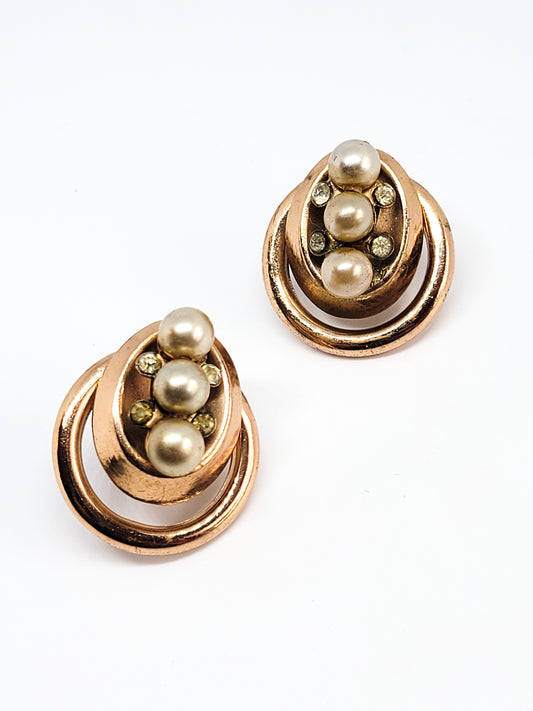 Gold filled faux pearl and rhinestone vintage hoops screw back earrings