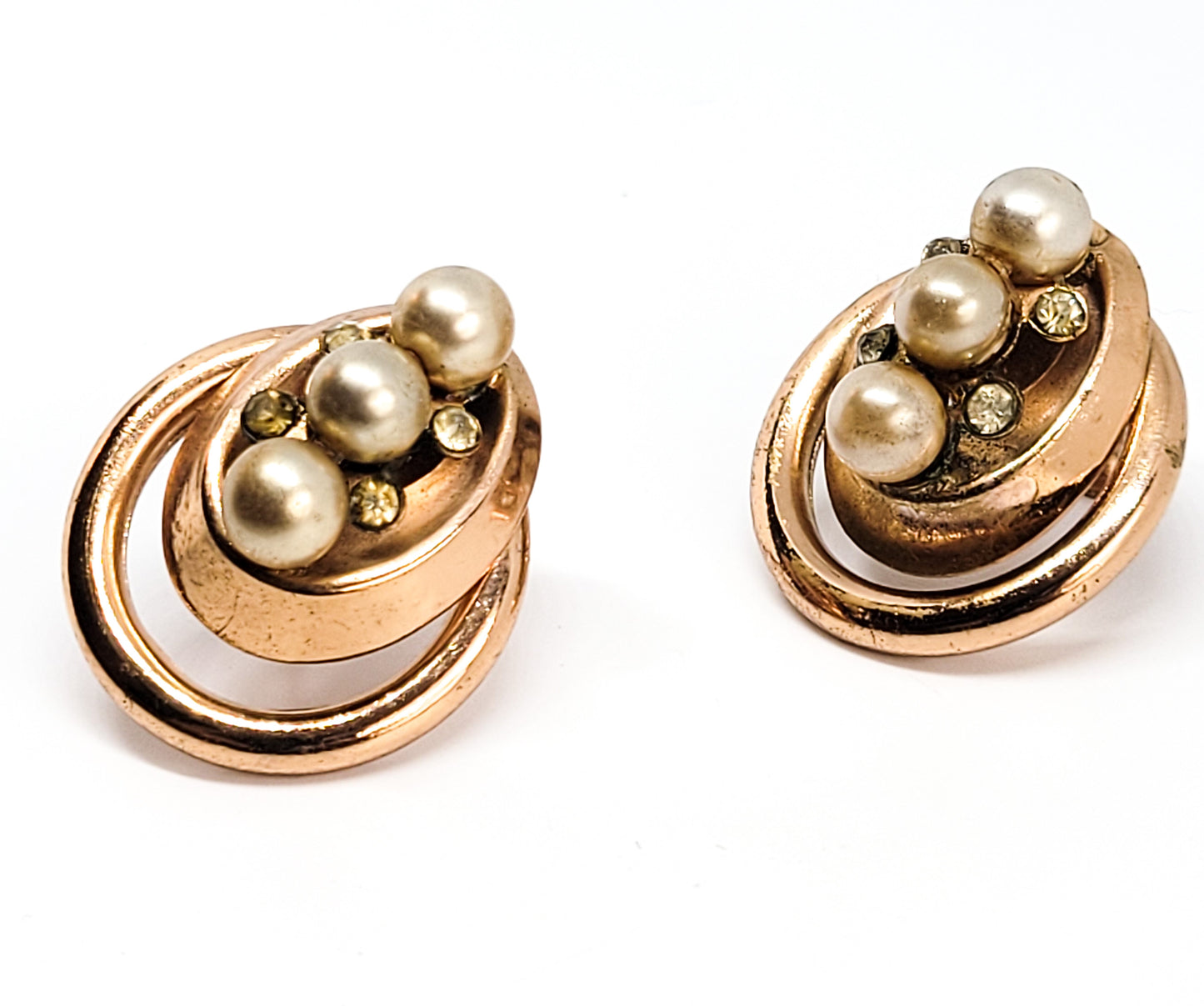 Gold filled faux pearl and rhinestone vintage hoops screw back earrings