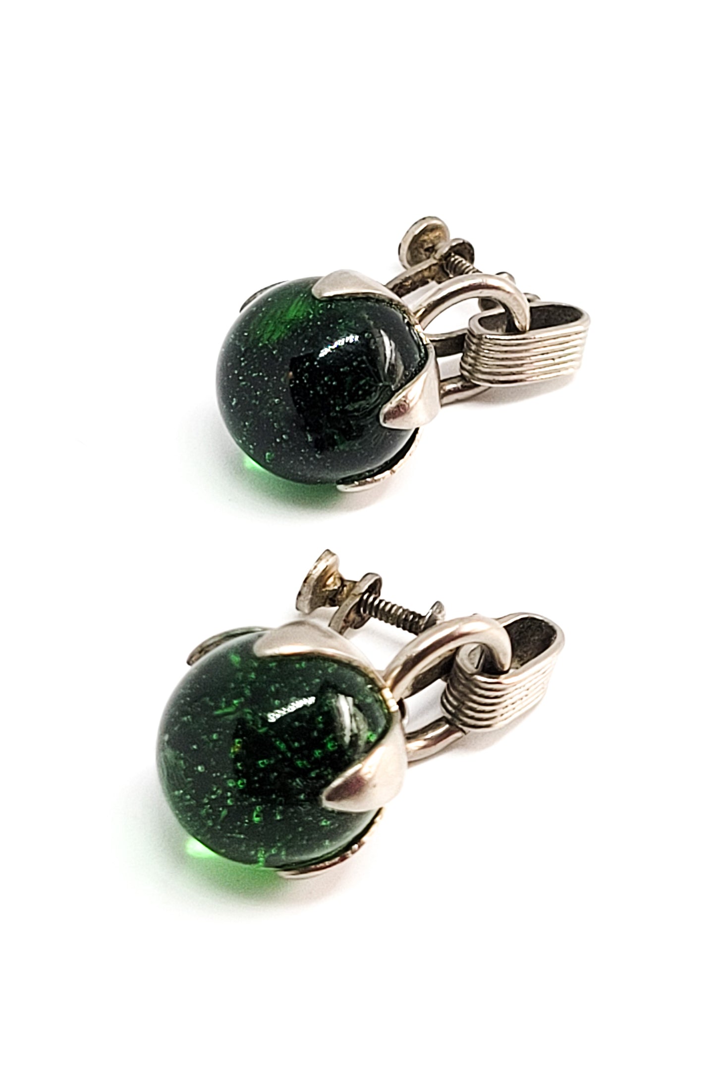 Modernist green Czech glass globe vintage drop screw back earrings
