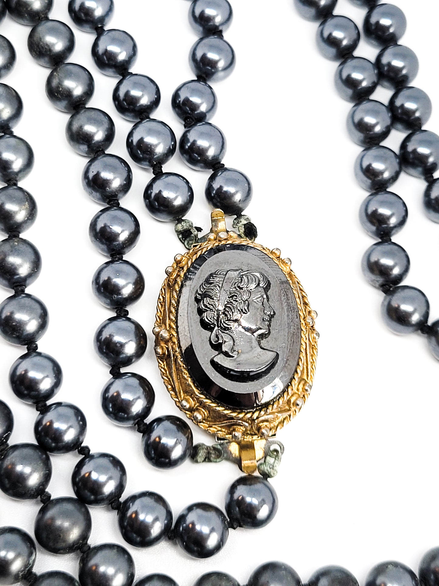 Menorca Hematite cameo on double strand hematite bead vintage necklace