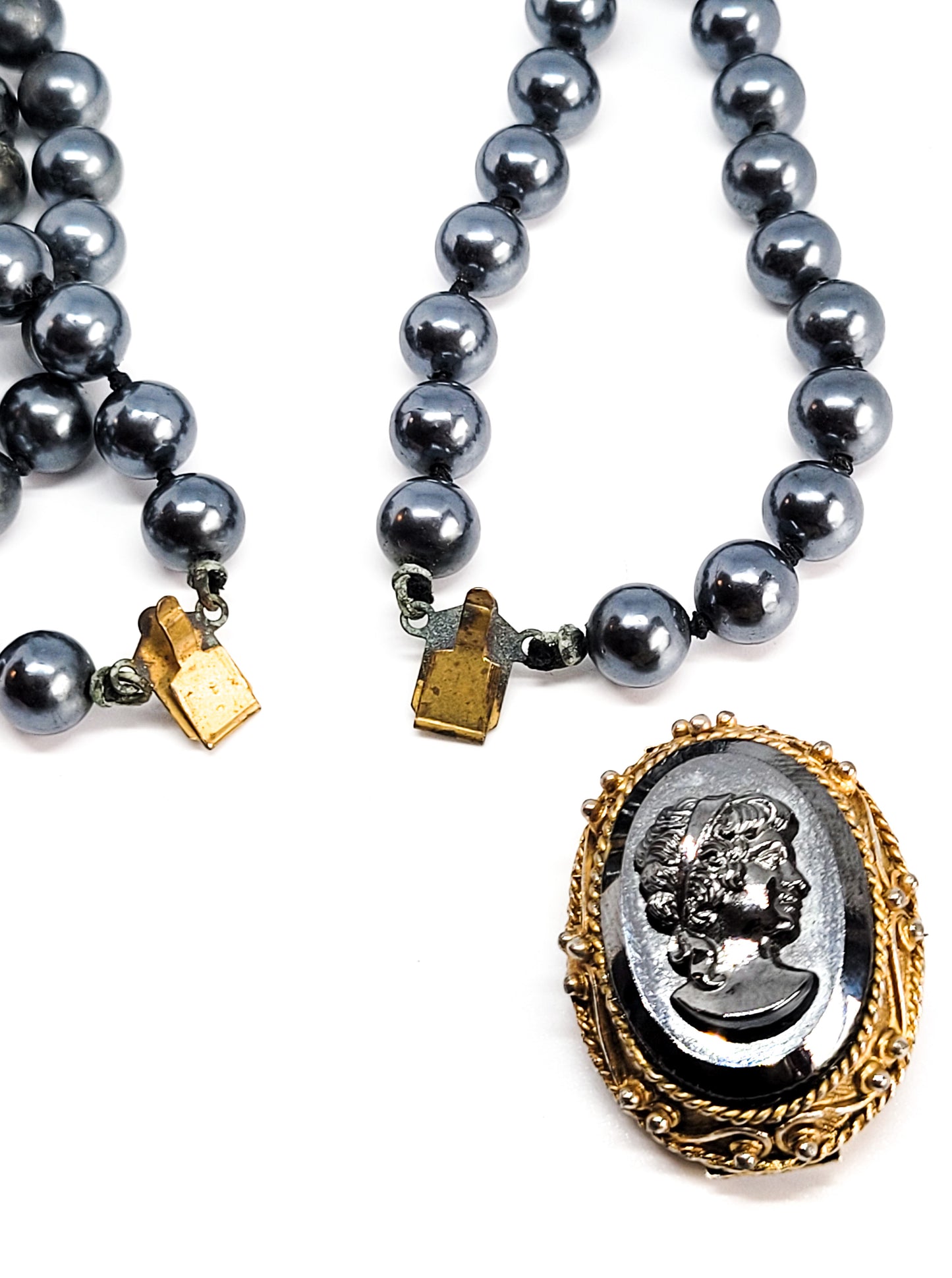 Menorca Hematite cameo on double strand hematite bead vintage necklace
