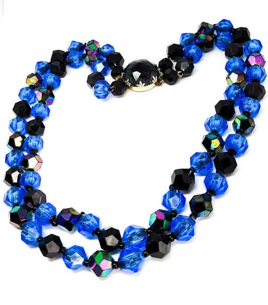 Oil slick blue and black vintage double tiered beaded necklace mid century