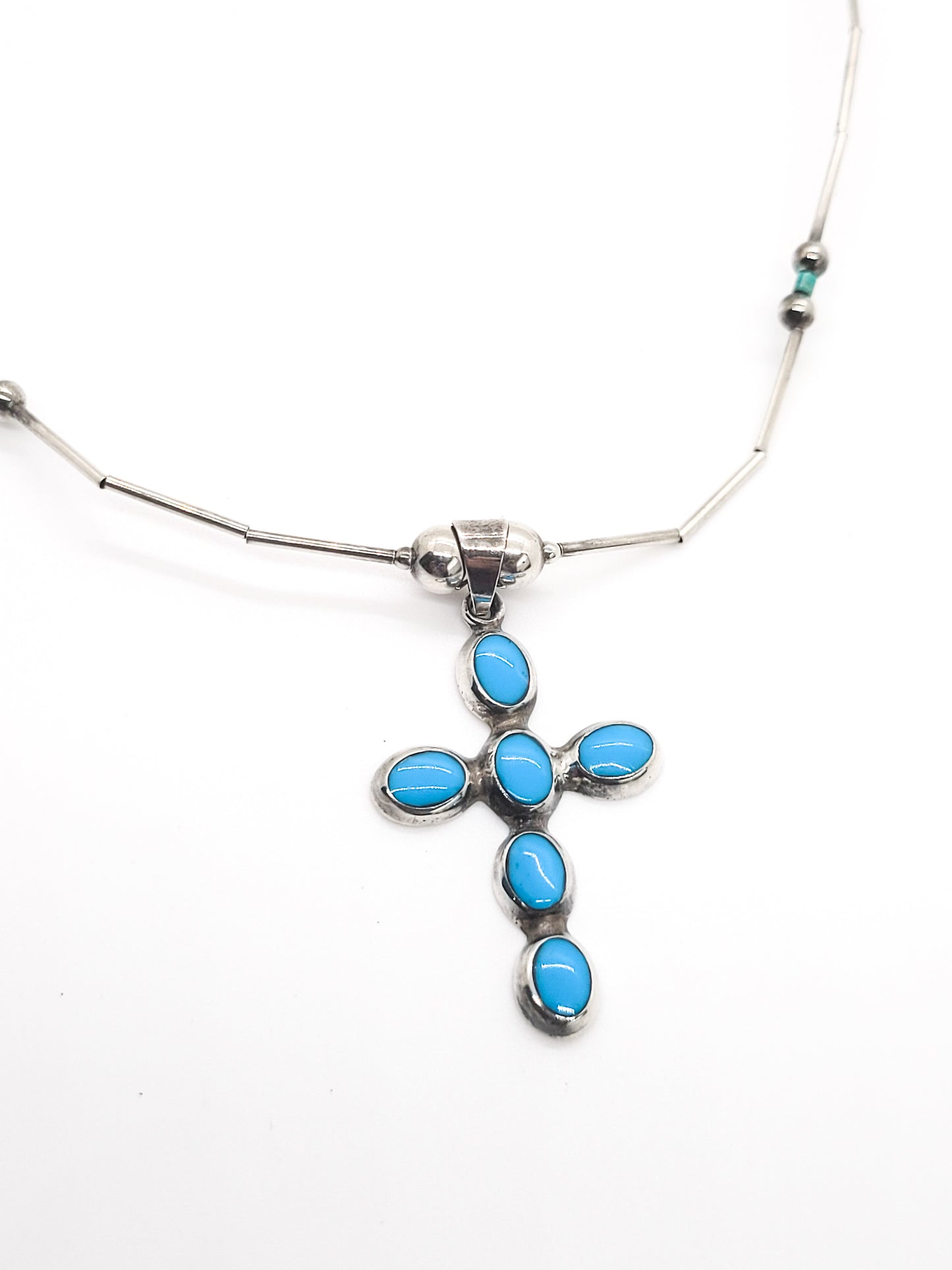 Liquid silver block turquoise sterling silver vintage cross necklace 925