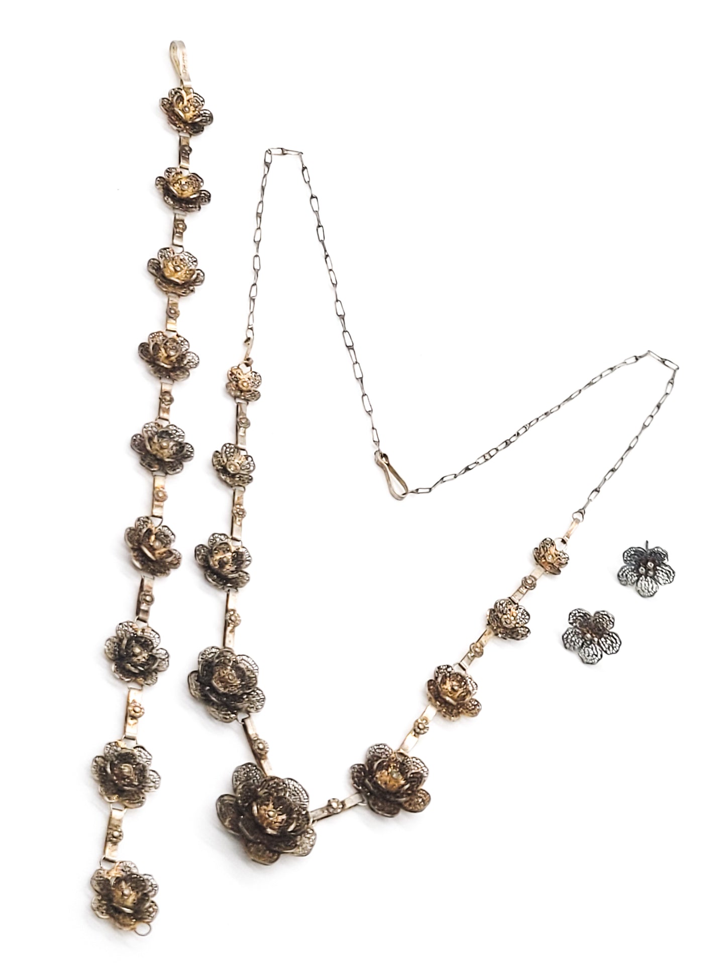 Spun silver flower cannetile vintage necklace set 950 sterling sliver demi parure