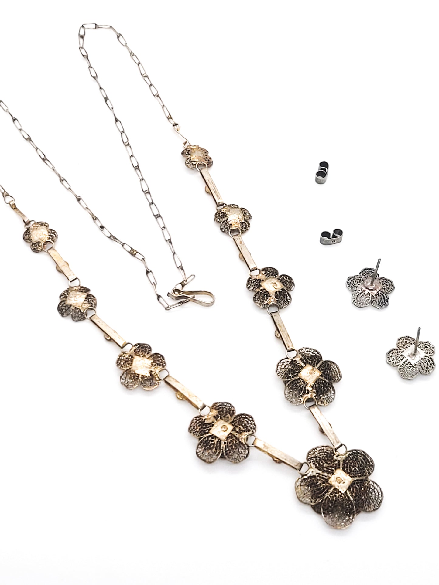 Spun silver flower cannetile vintage necklace set 950 sterling sliver demi parure
