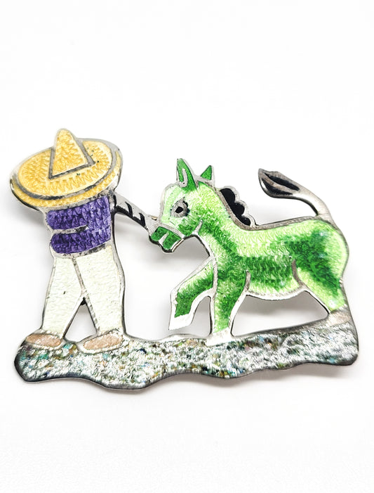 Jeronimo Fuentes Sterling Silver Enamel Brooch JF Mexico Taxco Donkey & Man