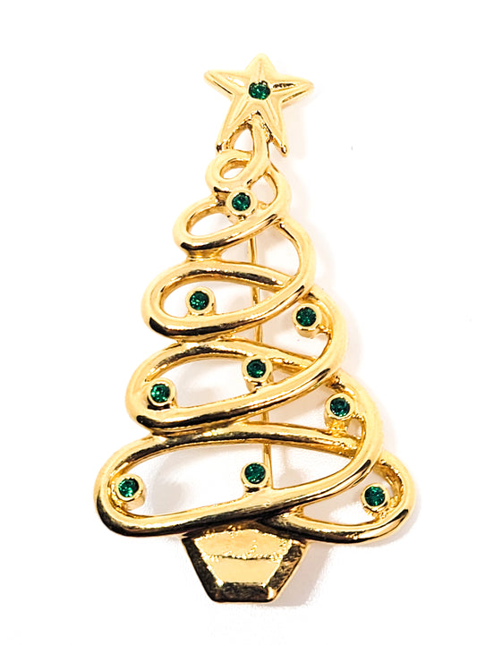 JJ signed Jonette gold toned green rhinestone Christmas tree brooch pin