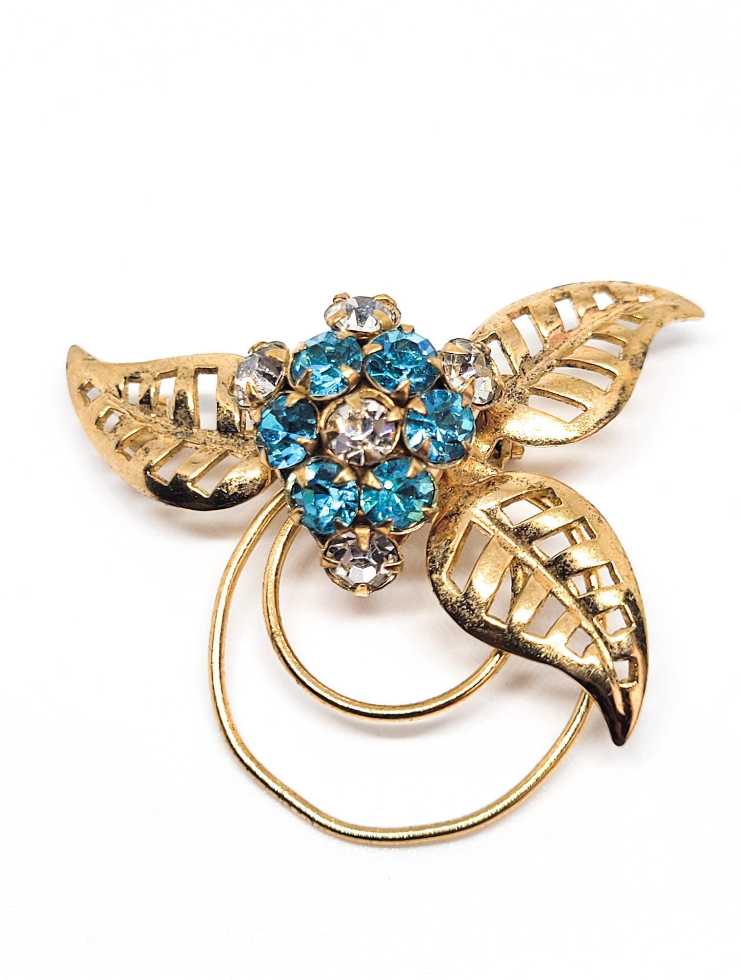 Aqua blue gold filled paste vintage monstera leaf mid century brooch pin
