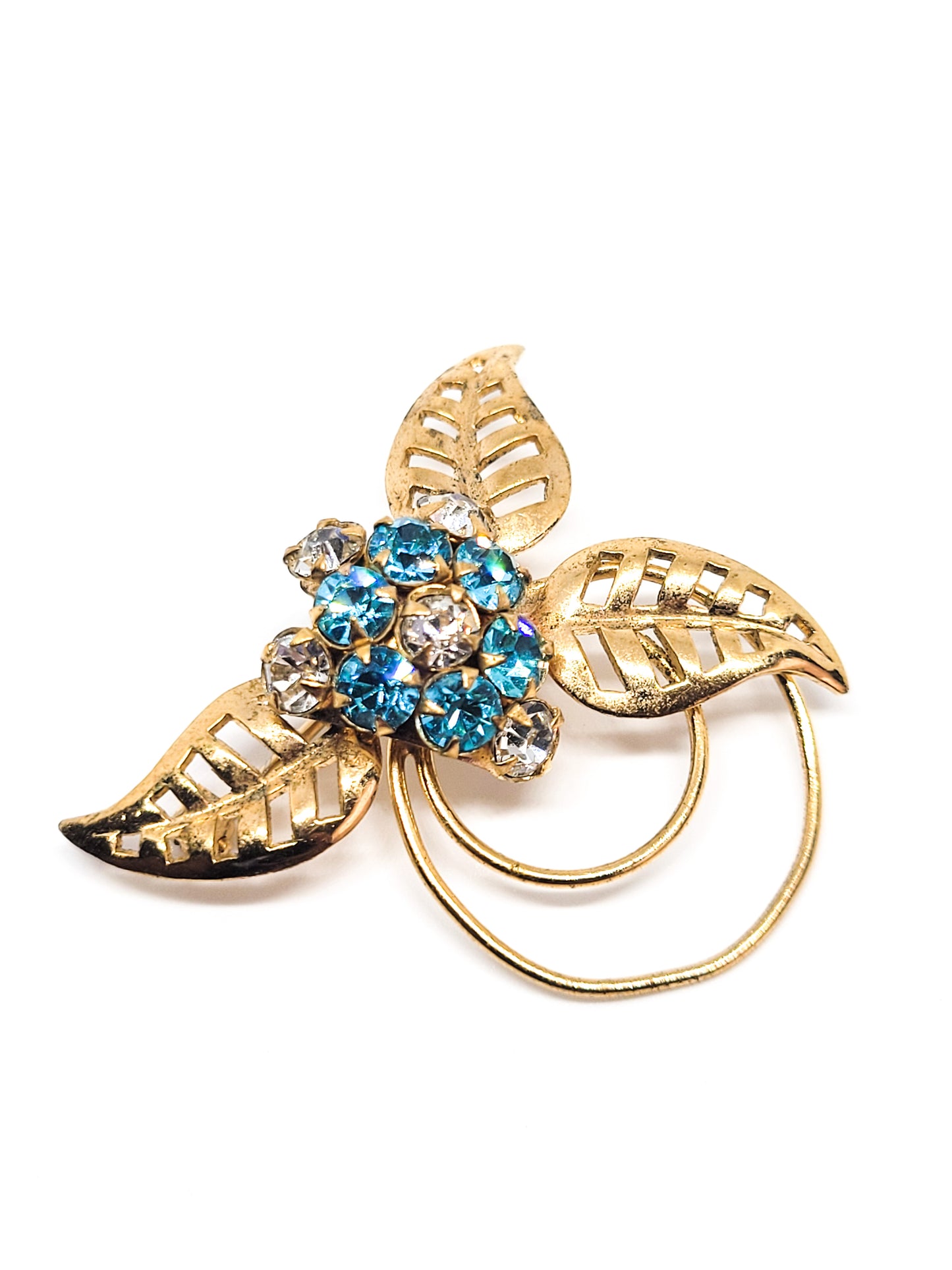 Aqua blue gold filled paste vintage monstera leaf mid century brooch pin