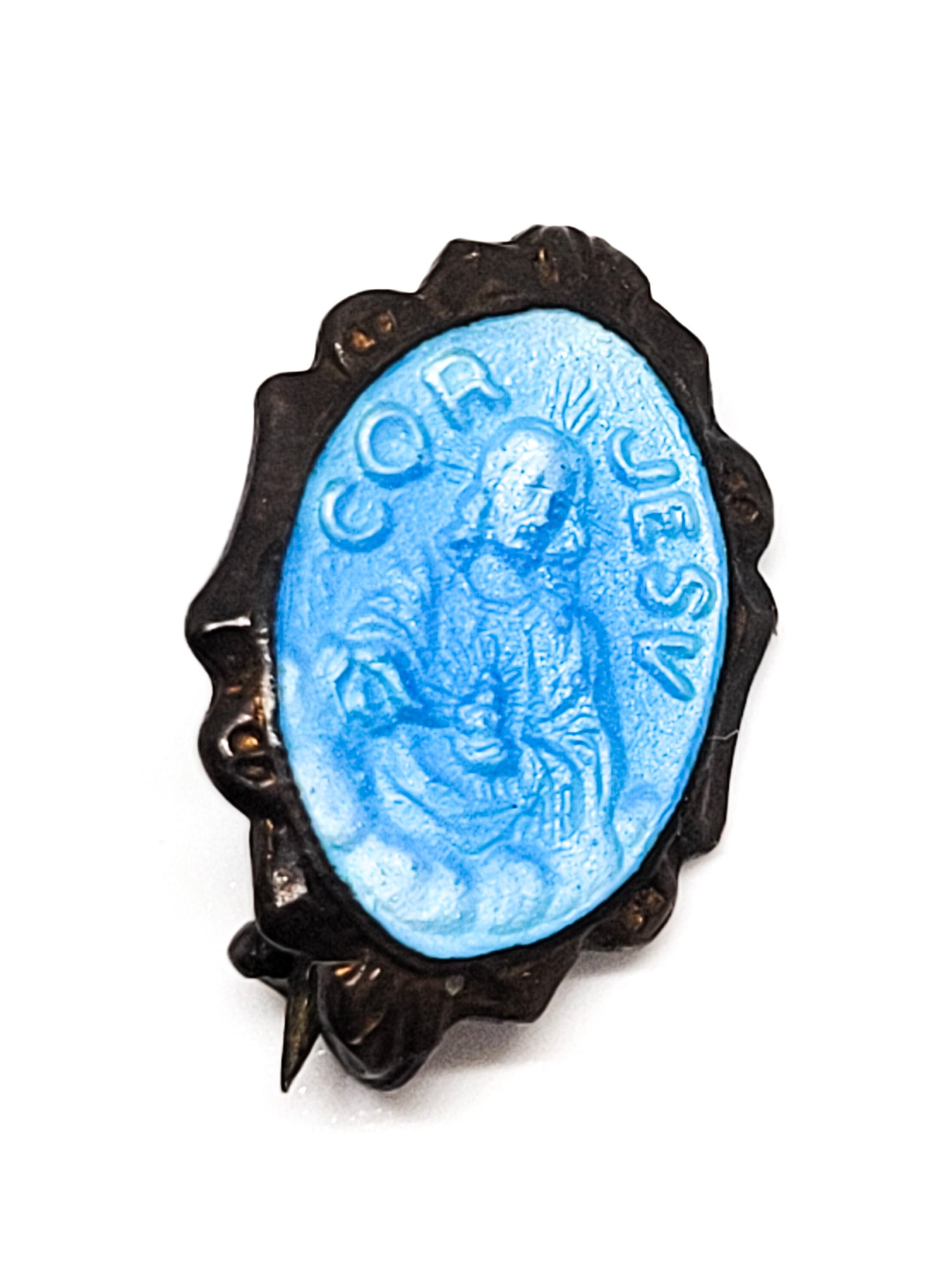Virgo Carmeli CATHOLIC SCAPULAR  Jesus Cor Jesv blue guilloche vintage brooch pin