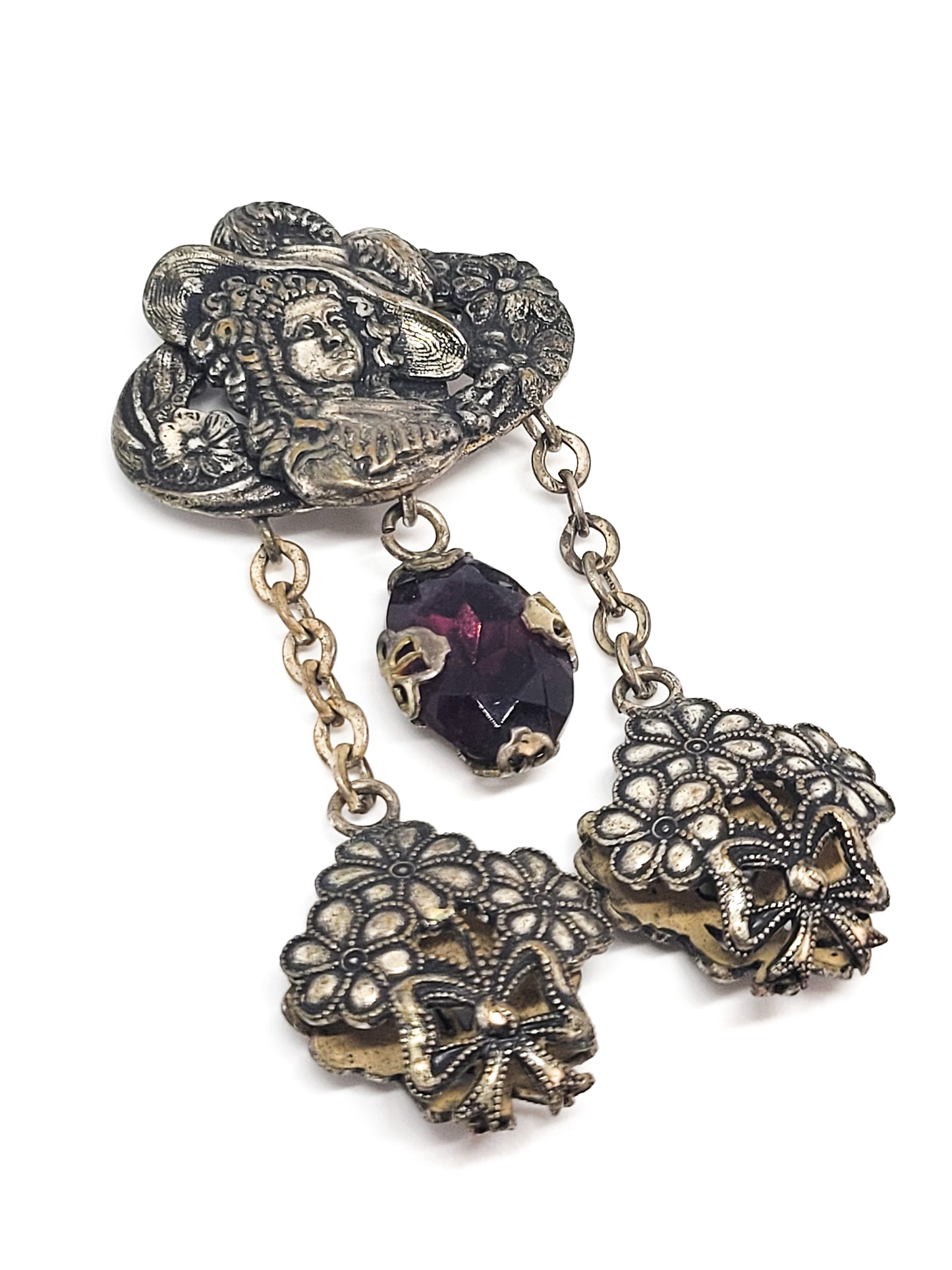 Art Nouveau Nymph lady in hat silver plated purple rhinestone chatelain brooch pin