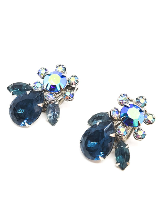 Beau Jewels signed blue aurora borealis vintage flower clip on earrings mid century