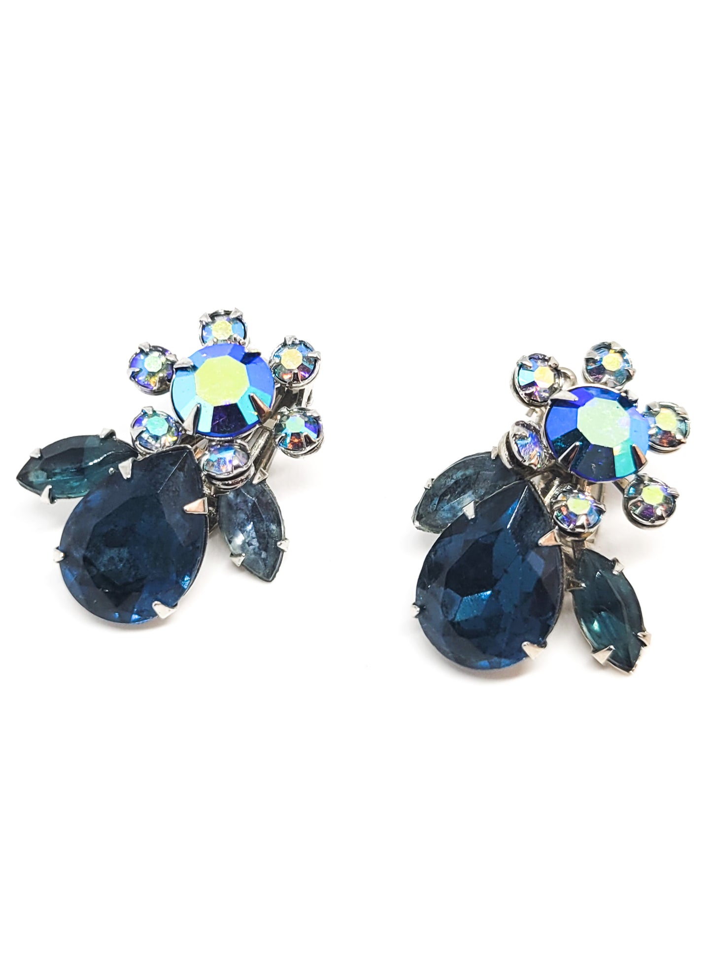 Beau Jewels signed blue aurora borealis vintage flower clip on earrings mid century