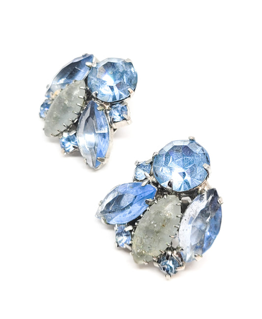 Blue rhinestone and frosted crackle glass blue clip on vintage earrings mid century