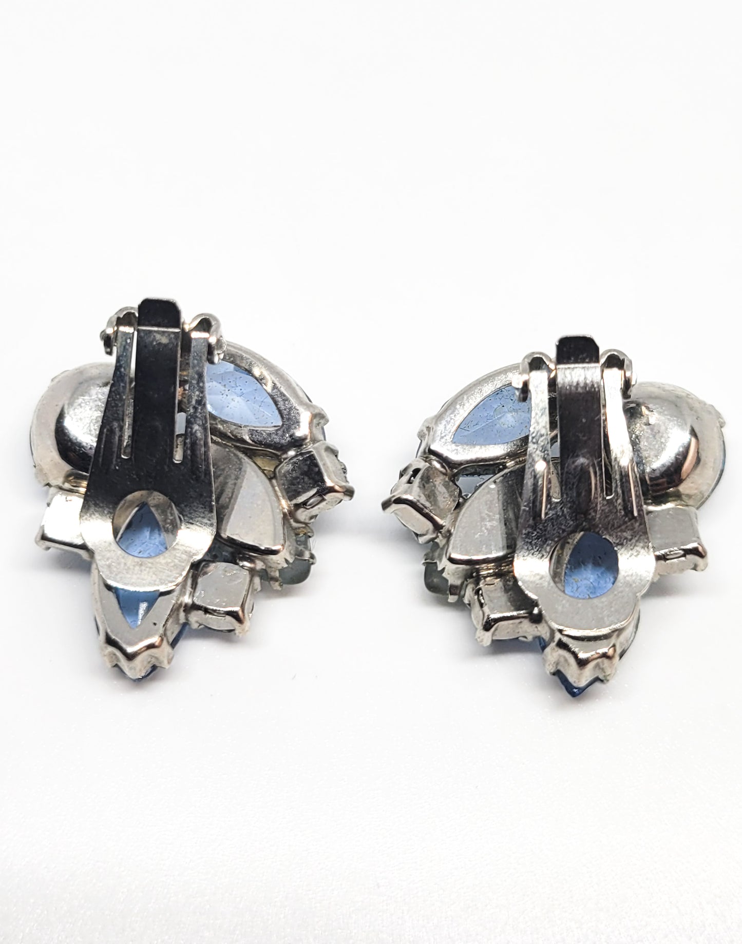 Blue rhinestone and frosted crackle glass blue clip on vintage earrings mid century