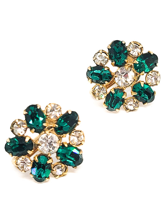 Antoinette dark green rhinestone flower antique gold filled earrings holiday Christmas