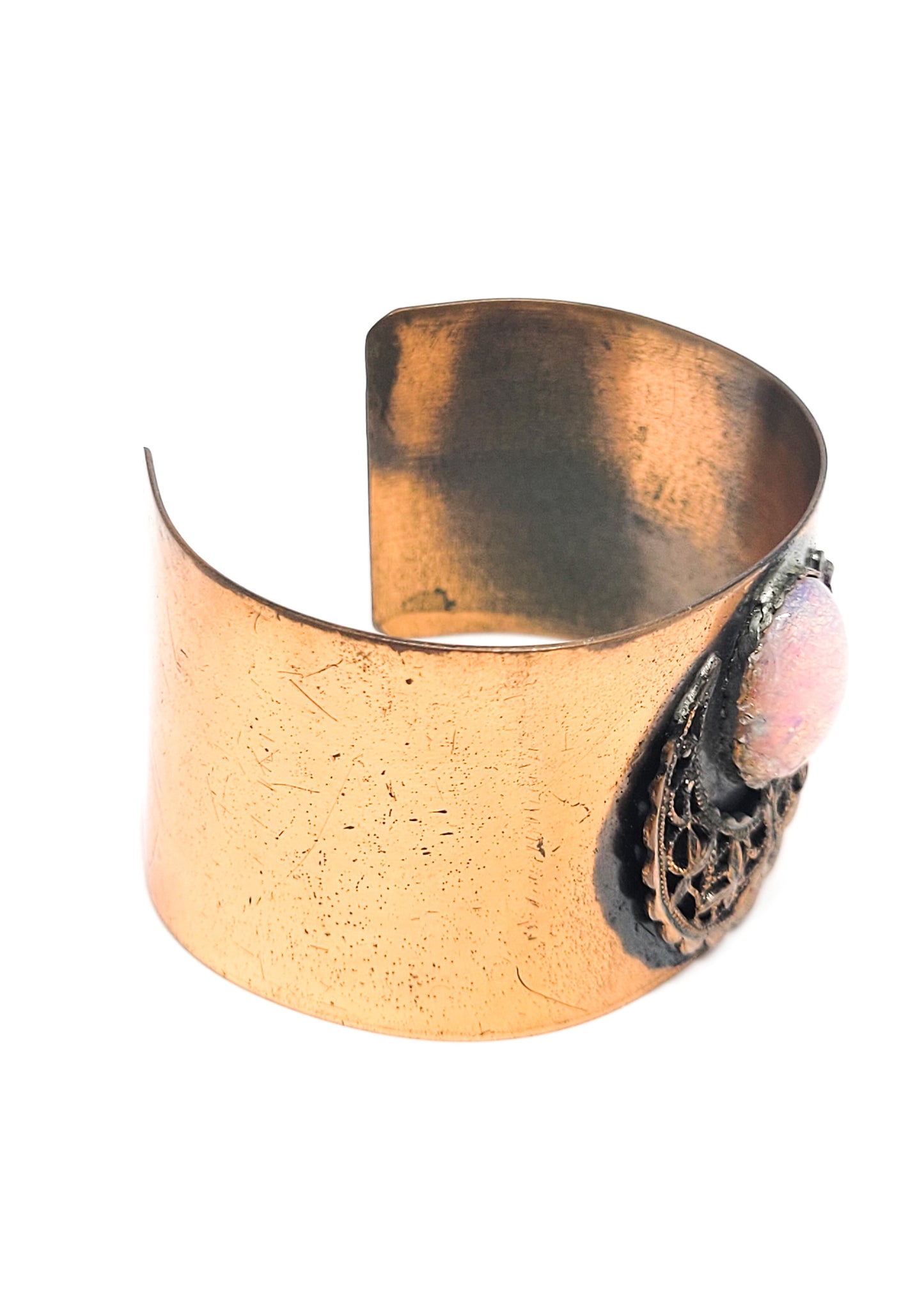Copper Goddess crescent moon diachronic pink opal art class vintage cuff bracelet