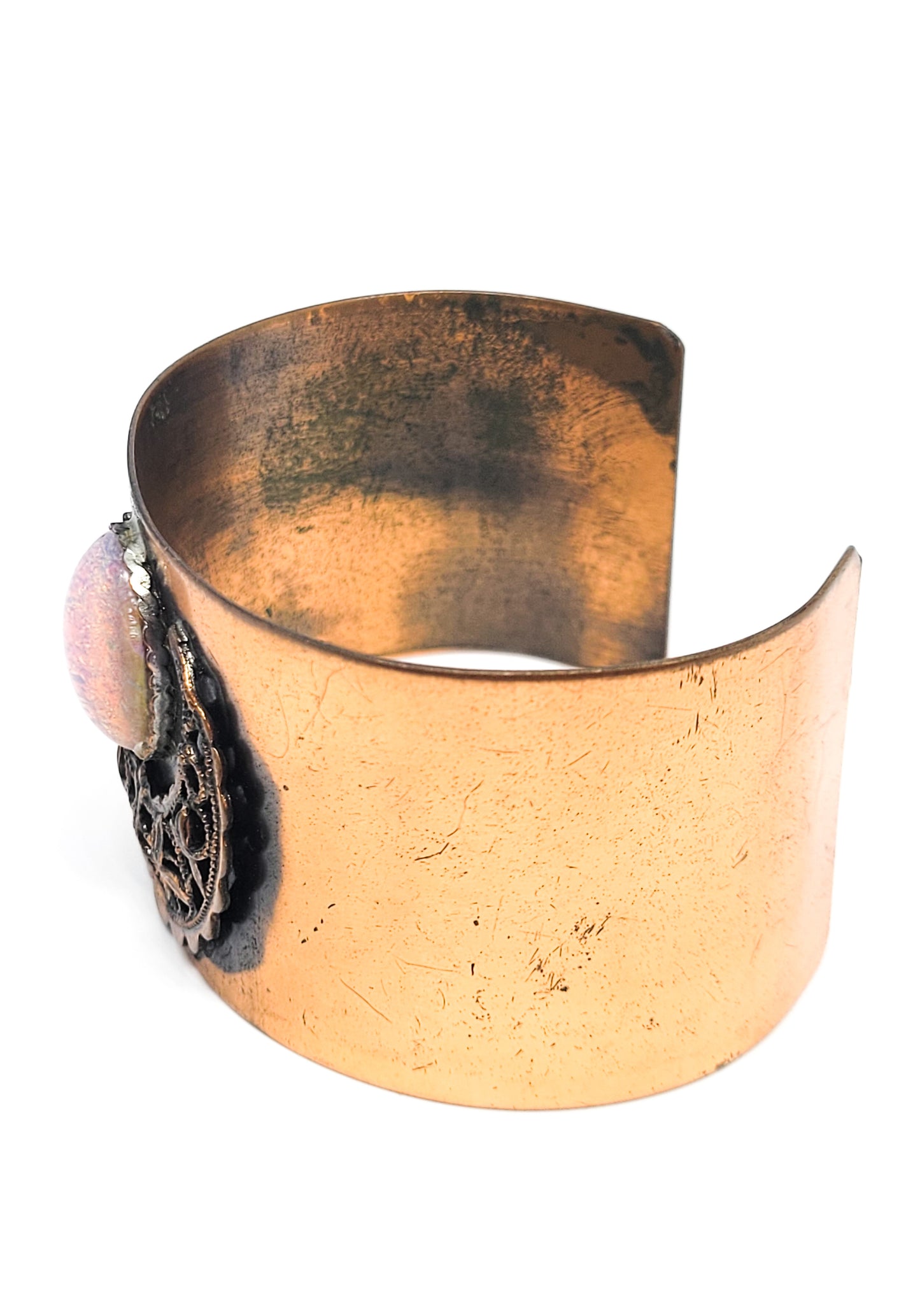 Copper Goddess crescent moon diachronic pink opal art class vintage cuff bracelet