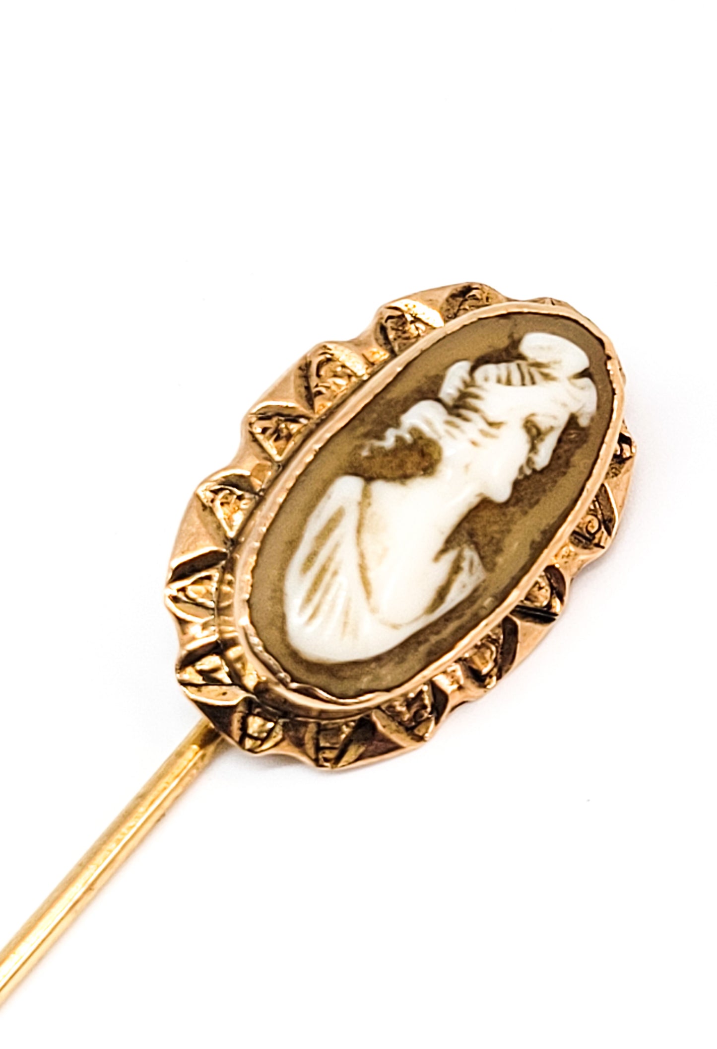 Estate Cameo Carved shell 10kt yellow gold antique stick pin lapel pin