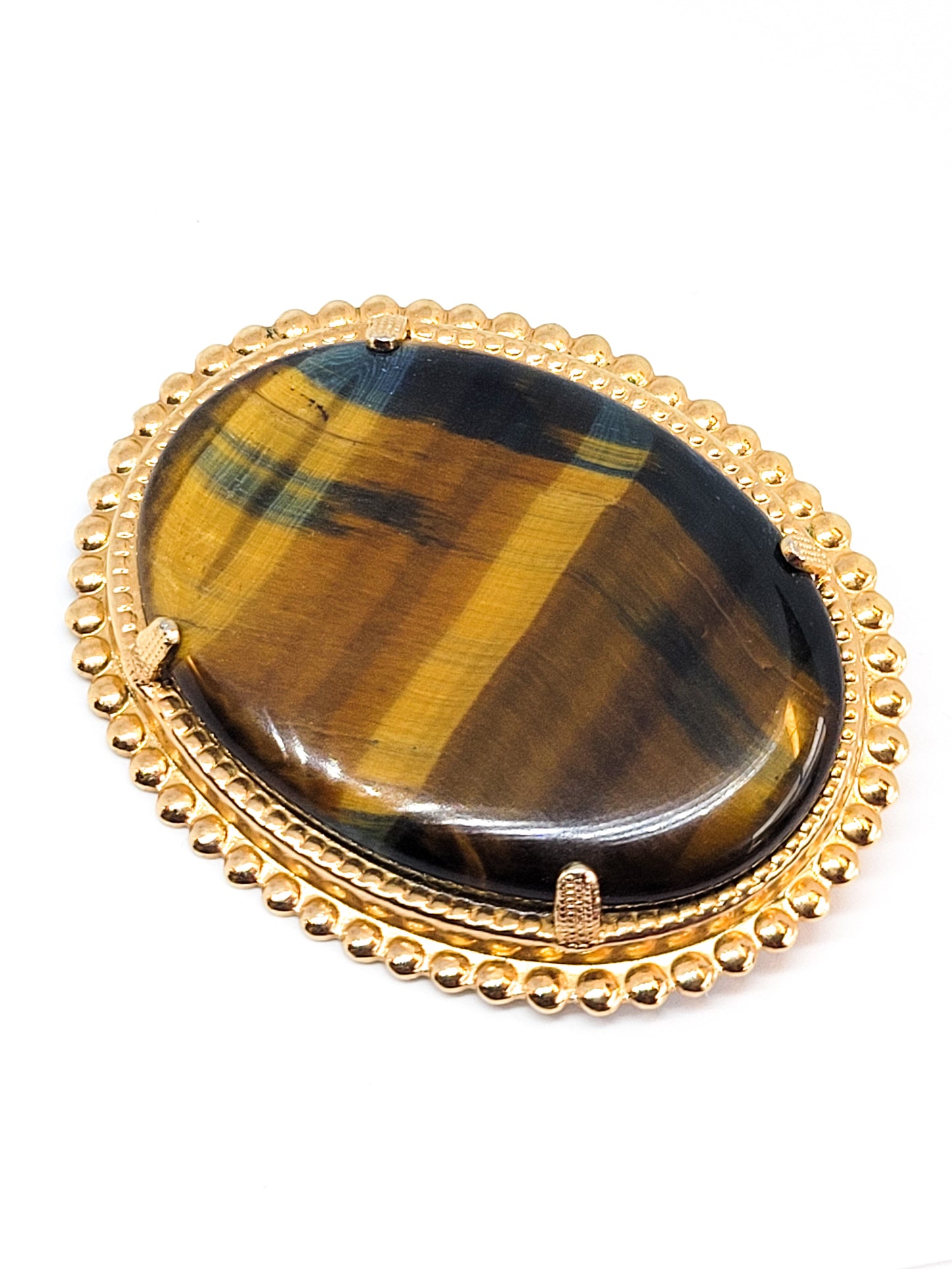 Large banded tiger's eye vintage gold toned gemstone brooch pin