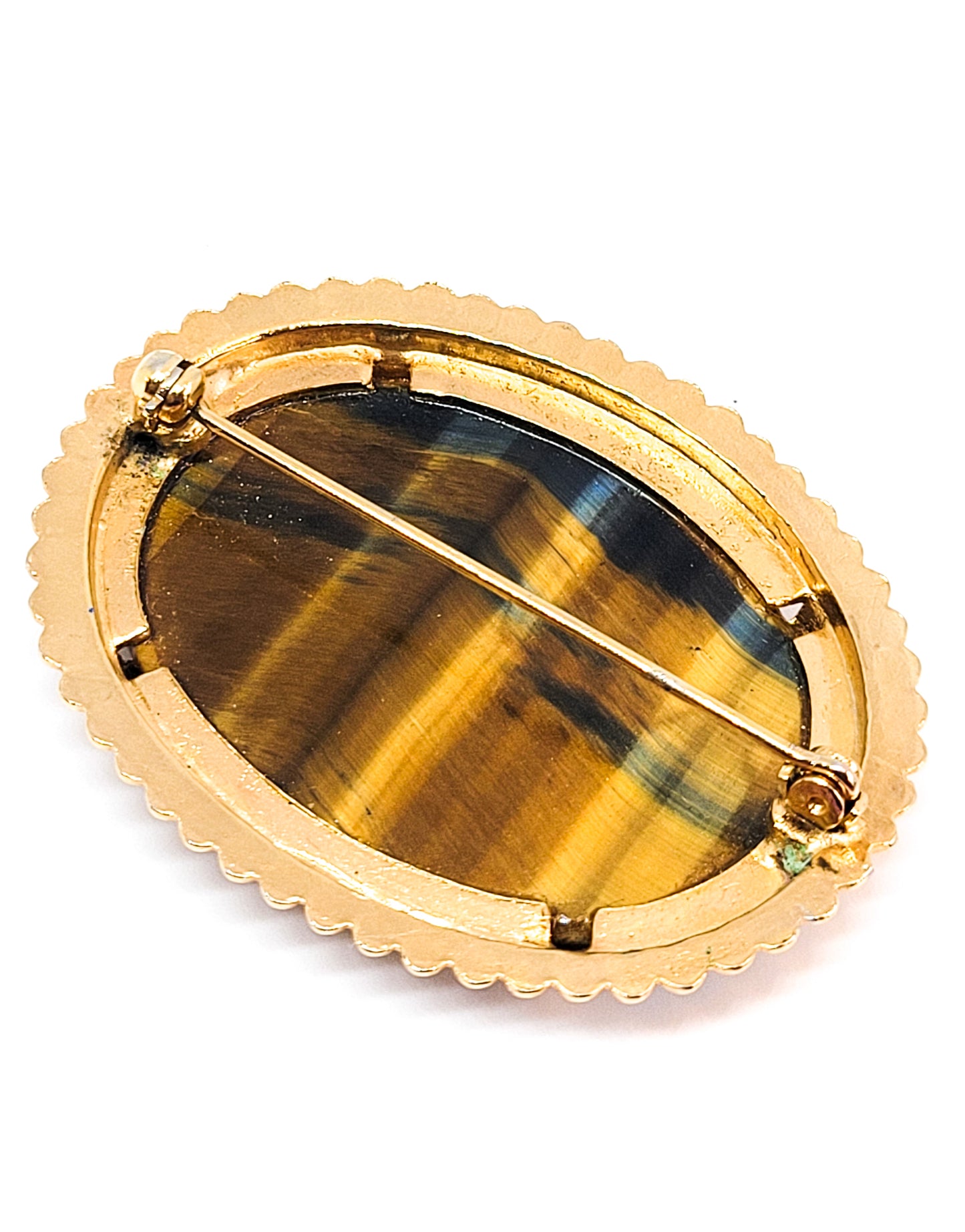 Large banded tiger's eye vintage gold toned gemstone brooch pin