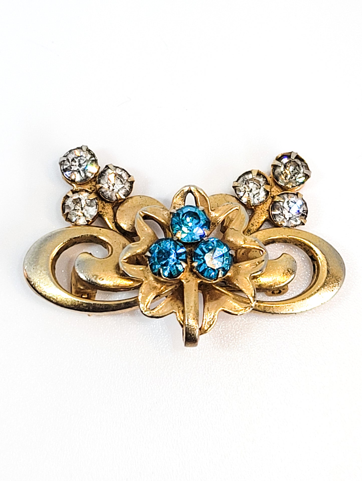 Victorian Revival gold filled aqua blue rhinestone vintage brooch pin mid century