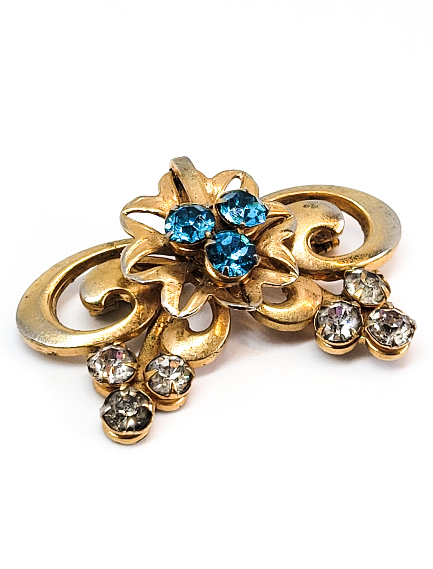 Victorian Revival gold filled aqua blue rhinestone vintage brooch pin mid century