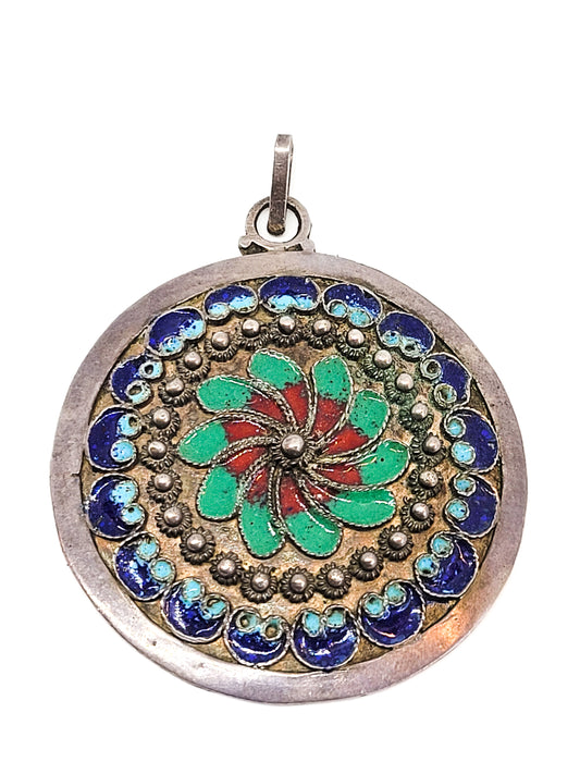 Chinese Export Minankari bright enamel 1000 pure sterling silver antique pendant