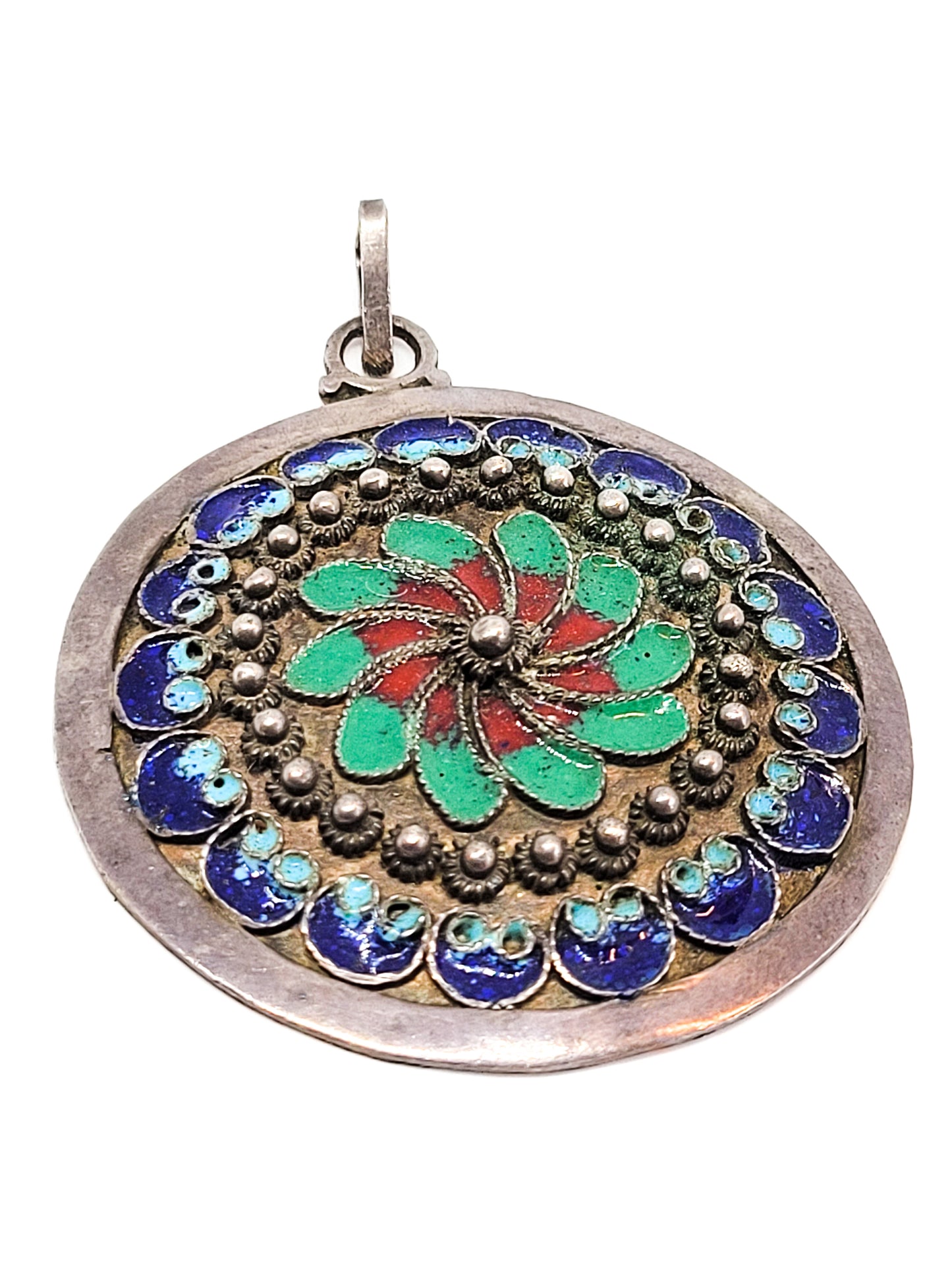 Chinese Export Minankari bright enamel 1000 pure sterling silver antique pendant