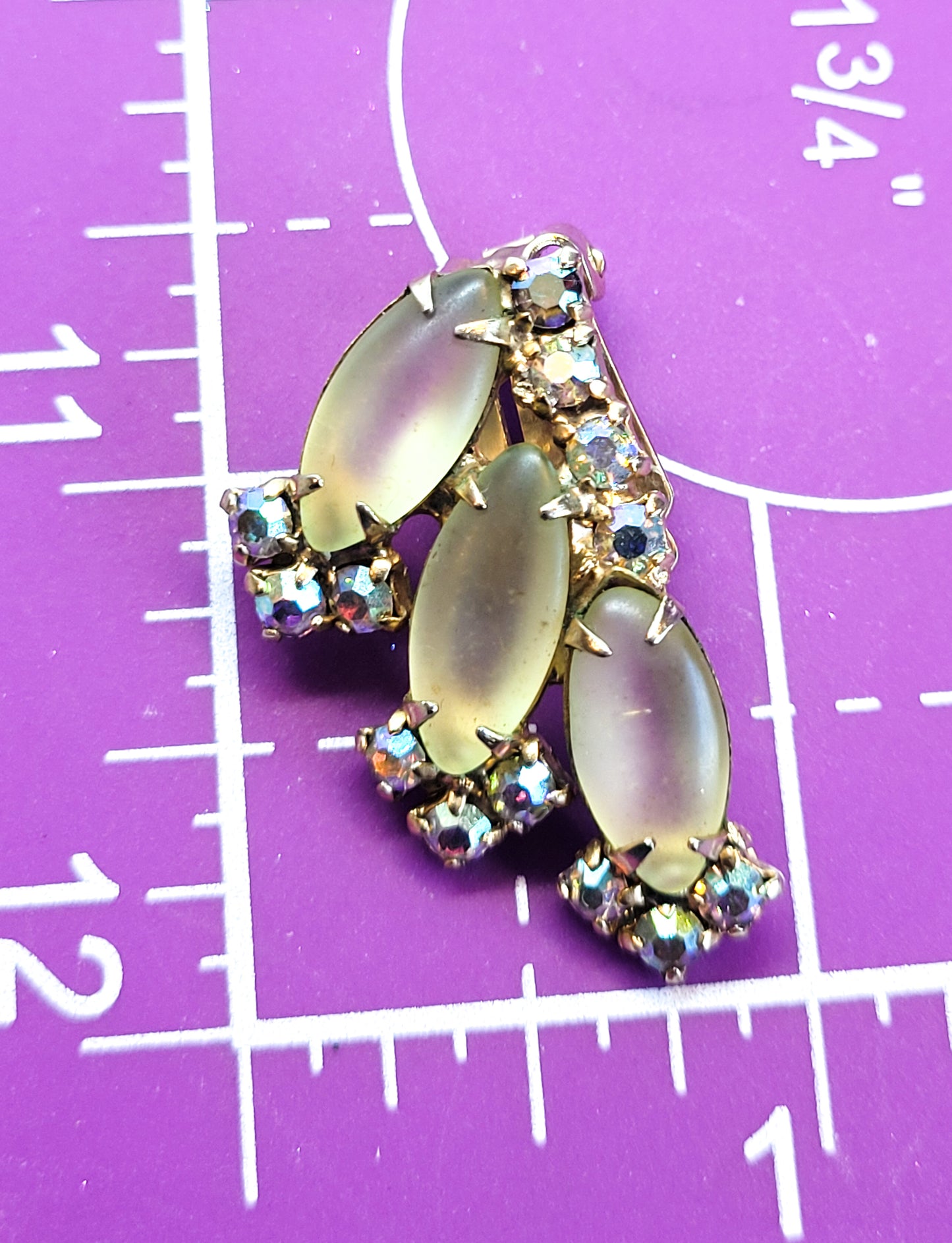 Frosted Navette Aurora Borealis rainbow rhinestone vintage clip on earrings mid century