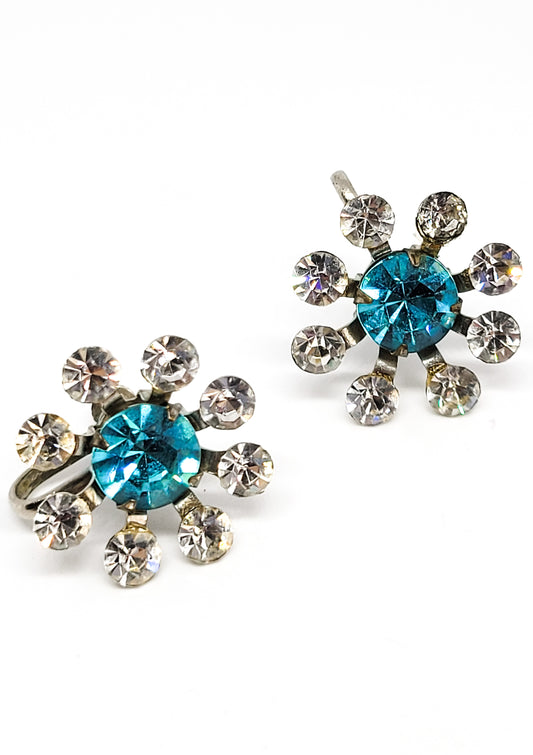 Atomic flower aqua blue vintage rhinestone screw back earrings mid century