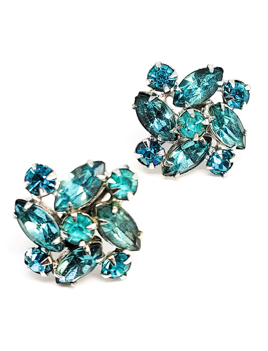 Aqua blue navette rhinestone atomic spiral vintage screw back earrings