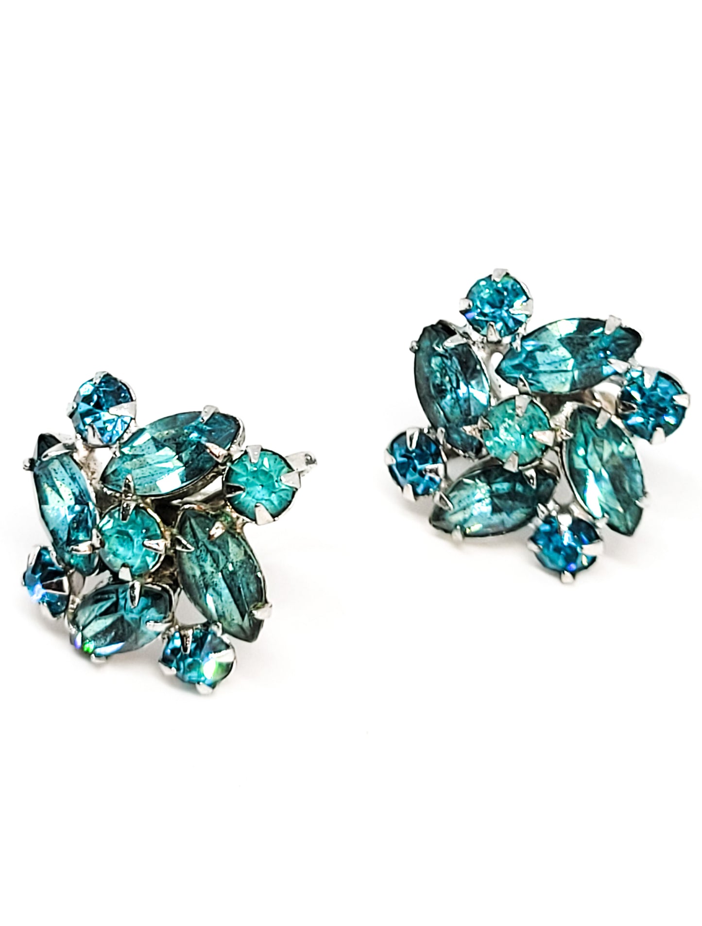 Aqua blue navette rhinestone atomic spiral vintage screw back earrings