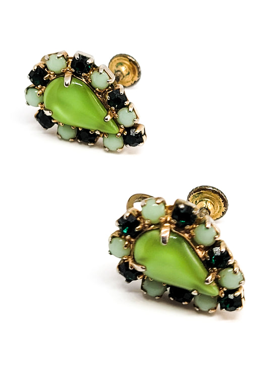 Peridot green pear shaped cats eye vintage screw back earrings green milk glass