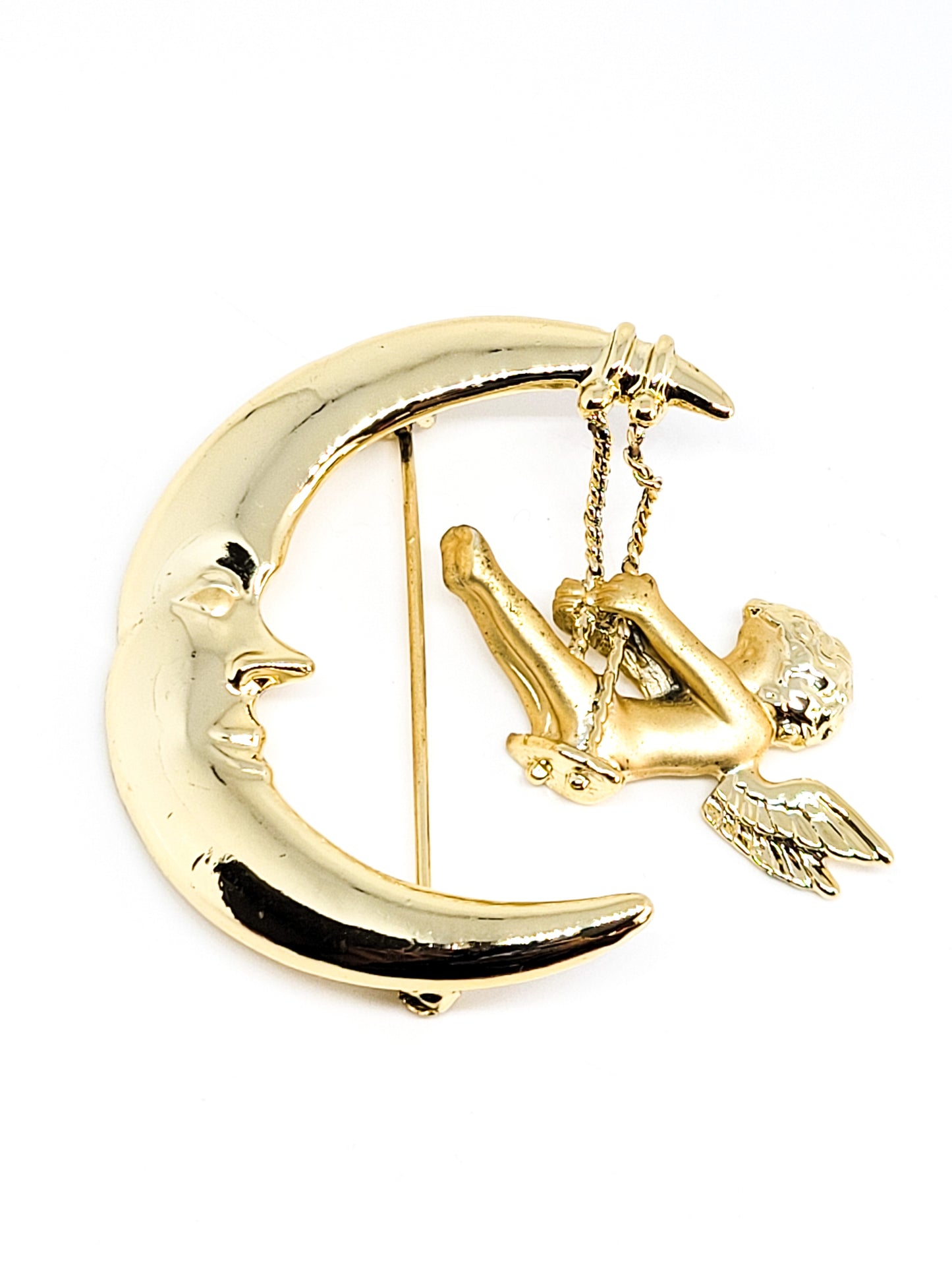 AJC Crescent moon cherub swinging angel gold toned vintage brooch