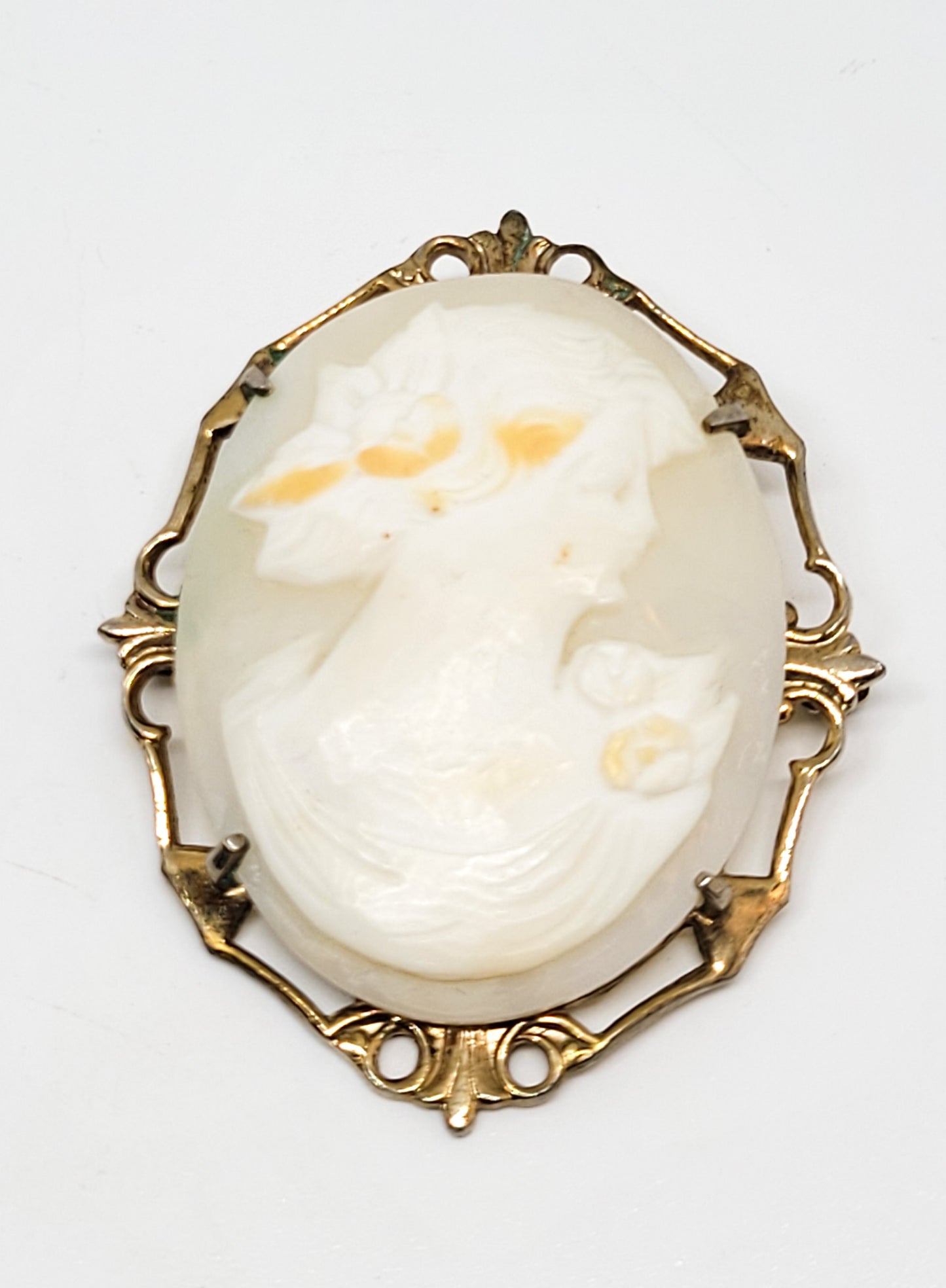 Carved Pink Shell Cameo Grecian woman 10kt  gold filled vintage framed cameo brooch