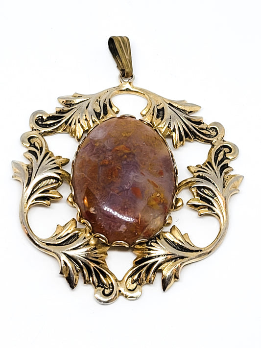 Victorain Revival Red Plume agate gold filled sweeping cartouche pendant