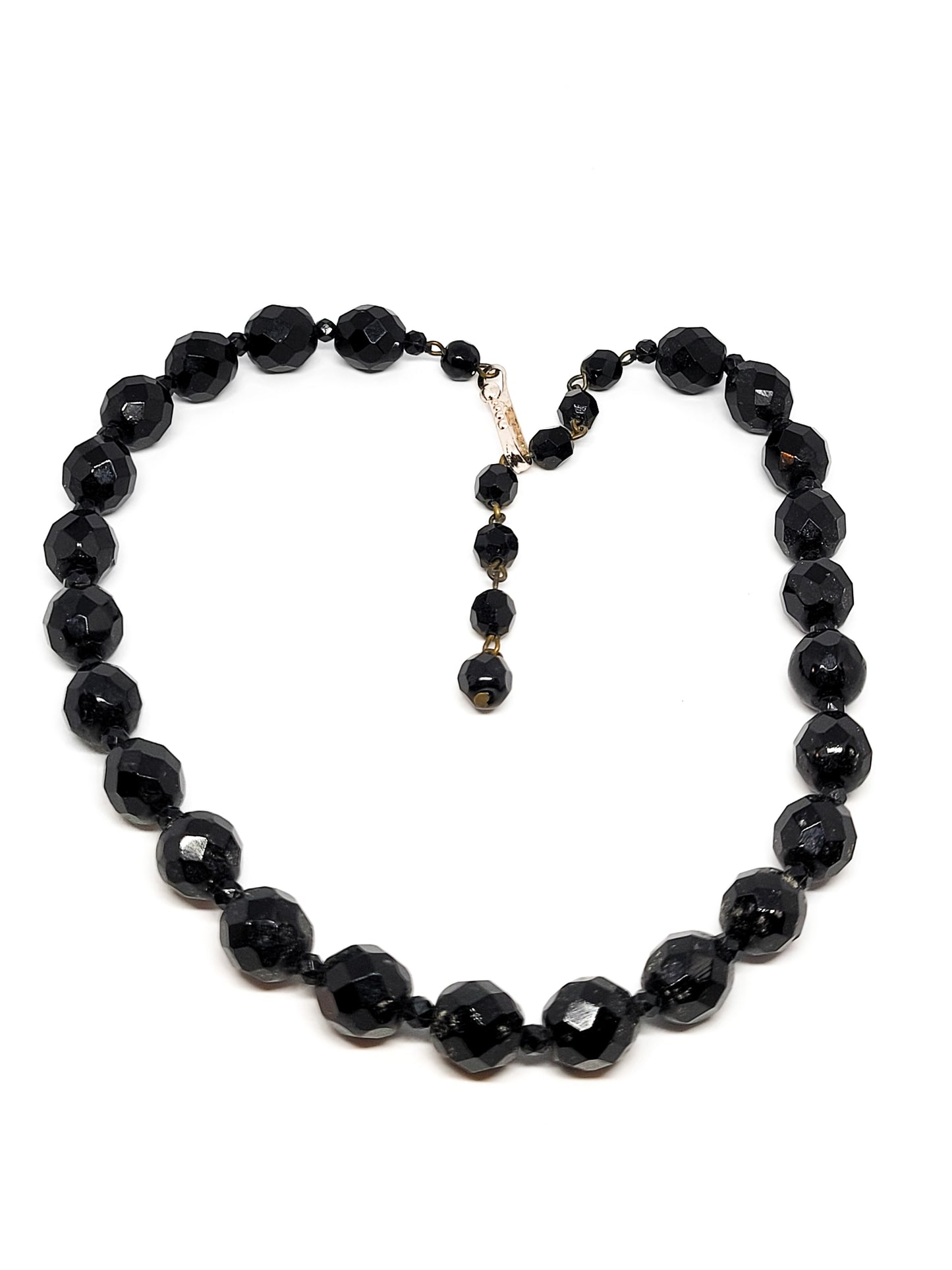 West Germany black faceted graduated beaded vintage necklace mid century