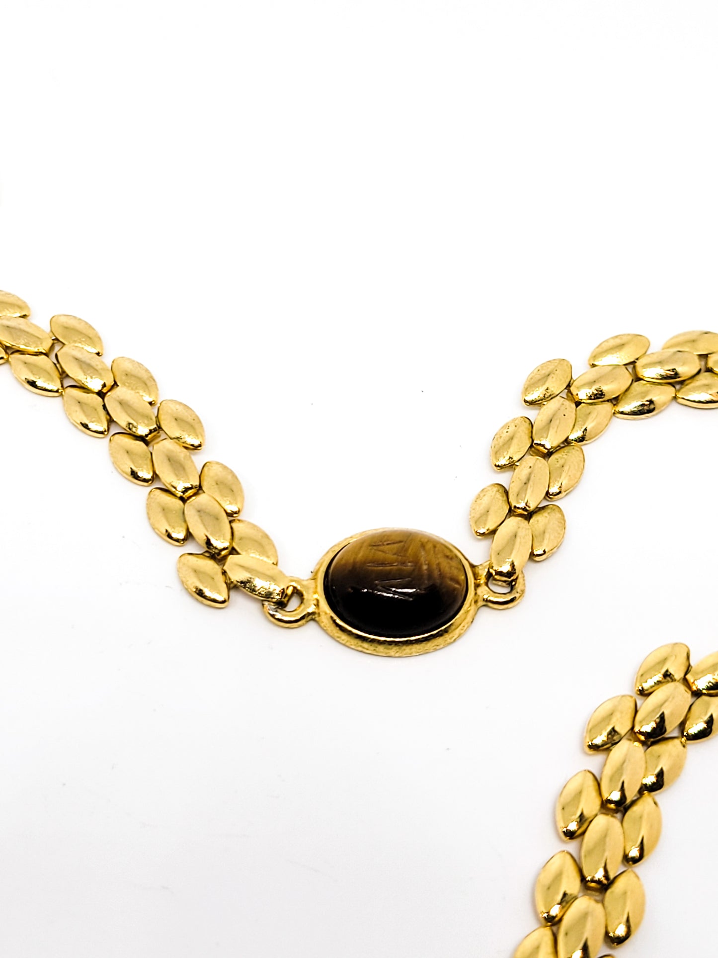 Egyptian Revival Multi Gemstone carved scarab vintage gold toned necklace