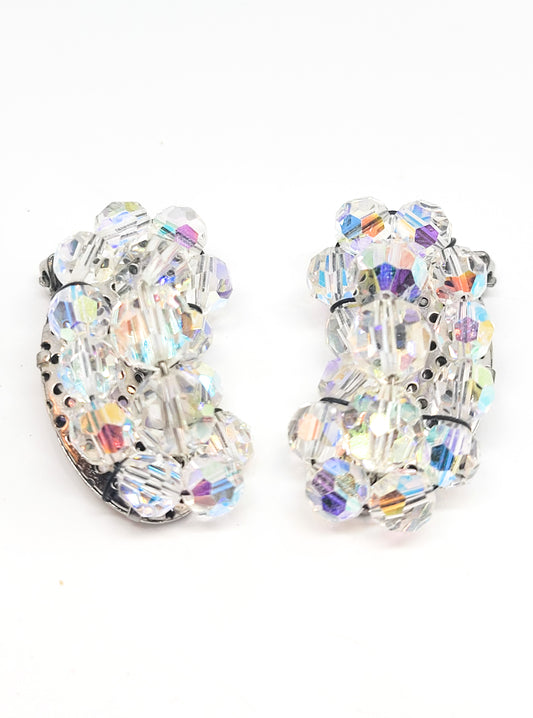 Austrian Crystal kidney shaped beaded aurora borealis vintage clip on earrings mid century