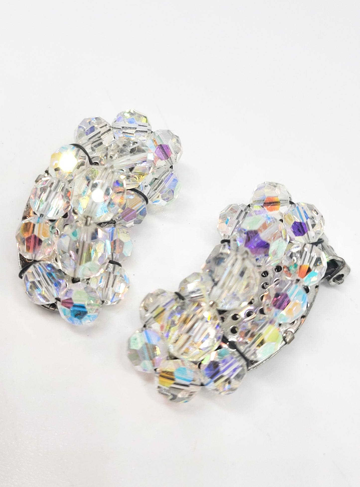 Austrian Crystal kidney shaped beaded aurora borealis vintage clip on earrings mid century