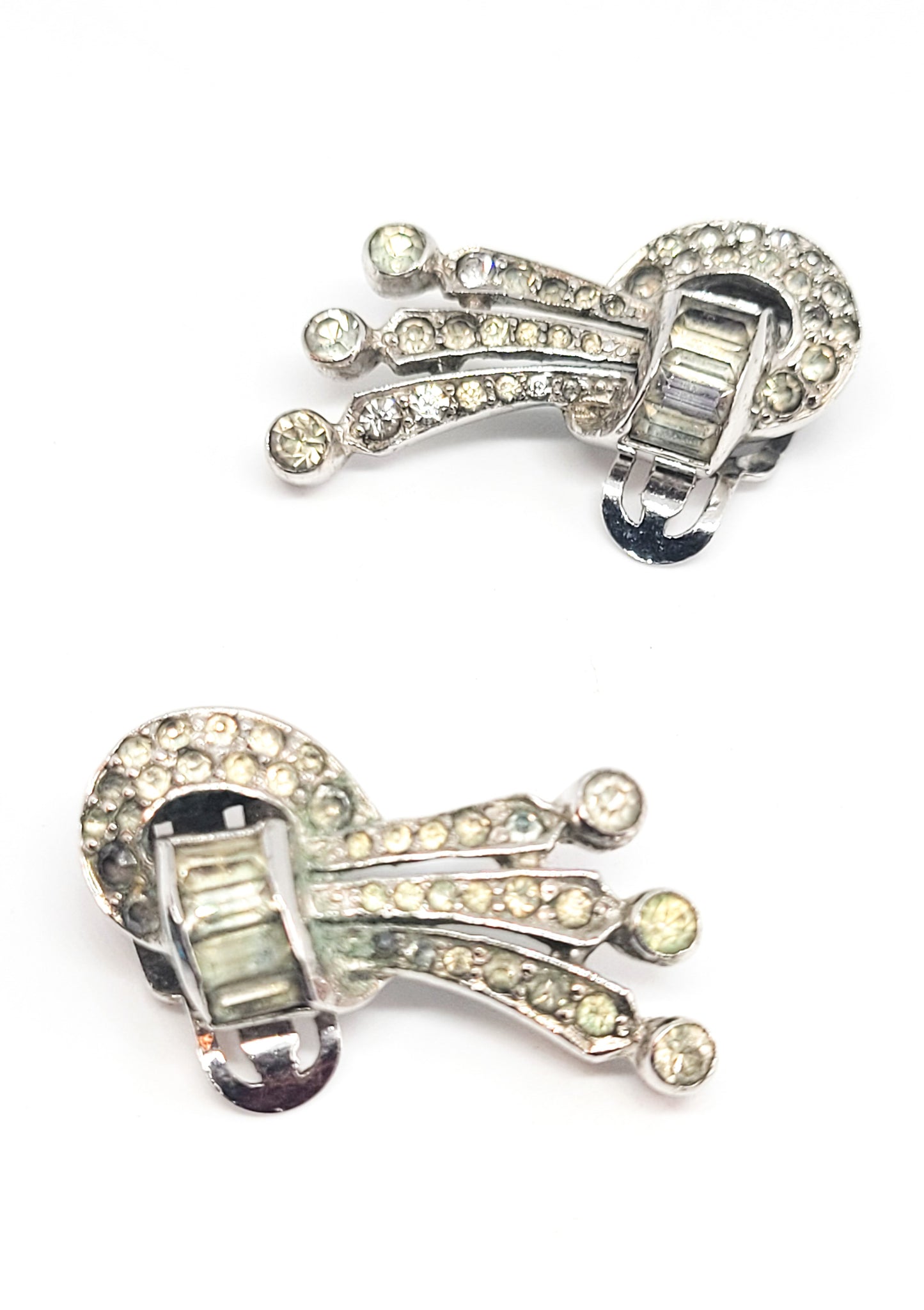 Art Deco pot metal rhodium plated clear rhinestone climber vintage clip on earrings