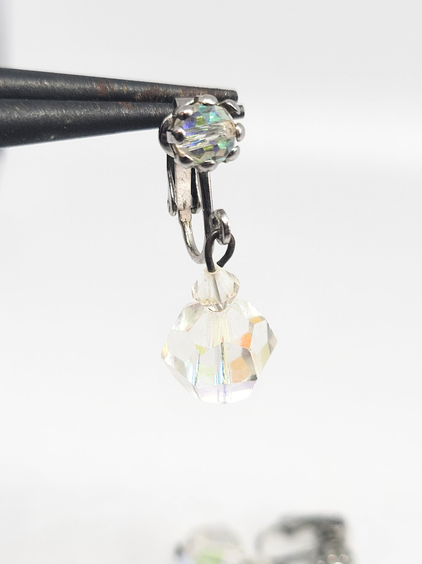 Austrian crystal aurora borealis rainbow vintage drop clip on earrings mid century