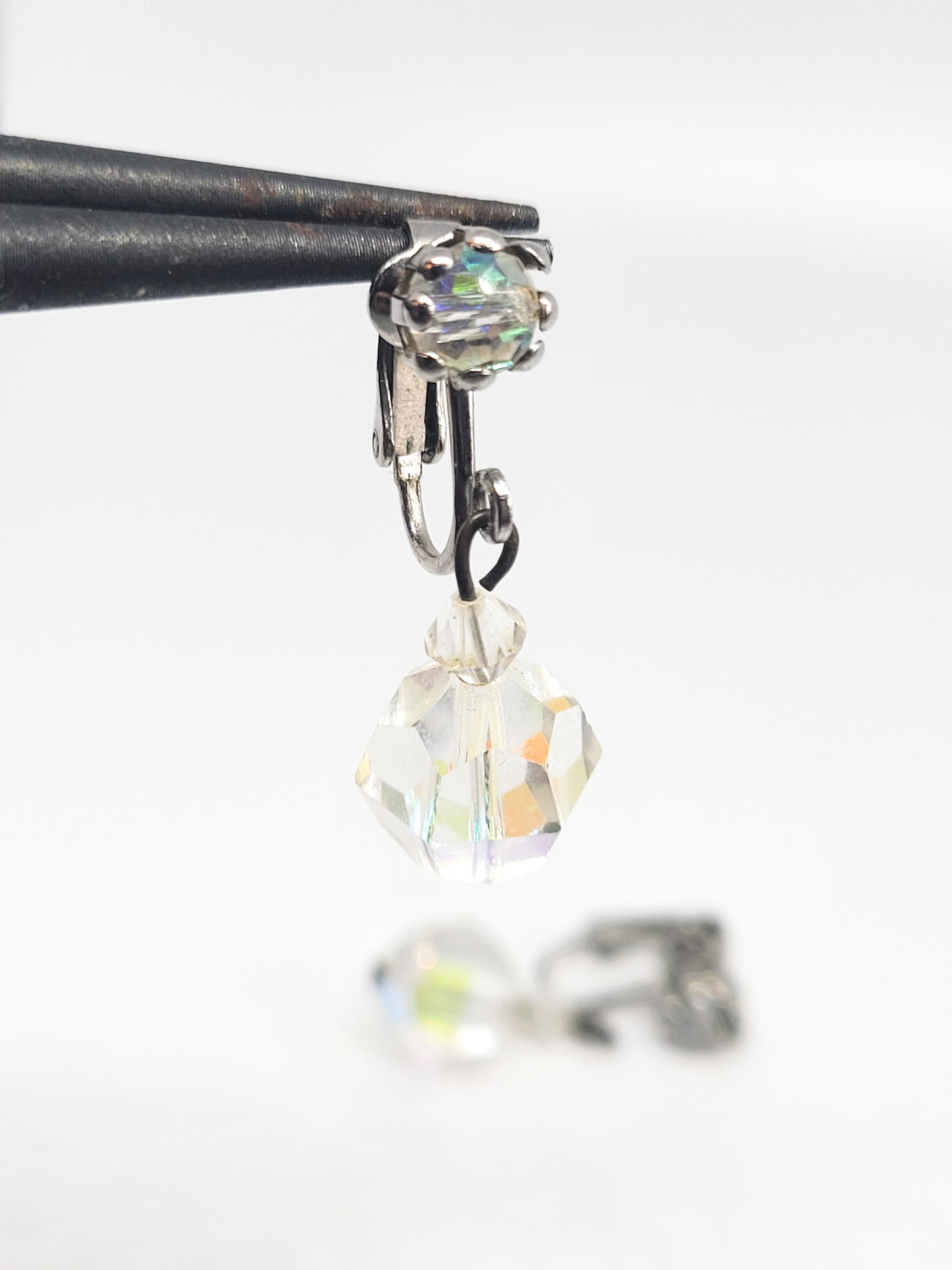 Austrian crystal aurora borealis rainbow vintage drop clip on earrings mid century