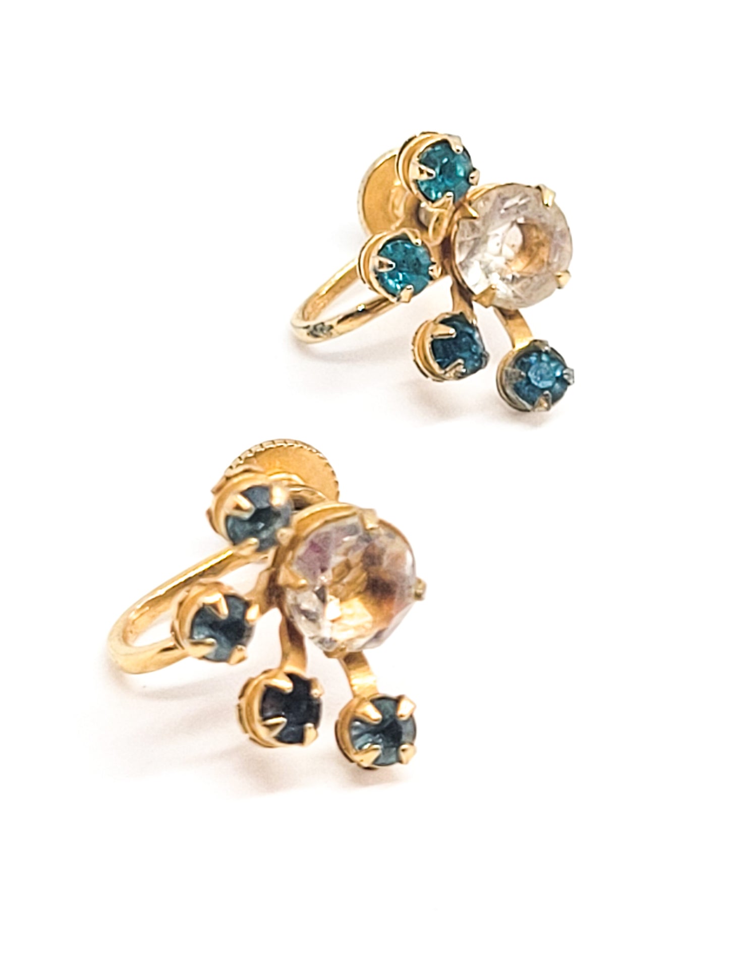 Aqua blue rhinestone atomic vintage gold toned signed vintage screw back earrings