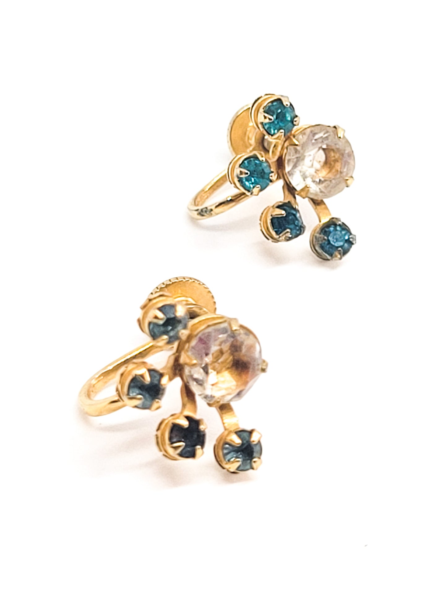 Aqua blue rhinestone atomic vintage gold toned signed vintage screw back earrings