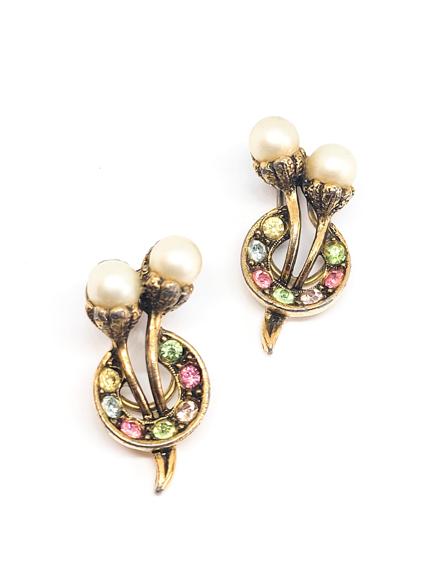 White pearl cherry fruit salad rainbow rhinestone vintage clip on earrings mid century