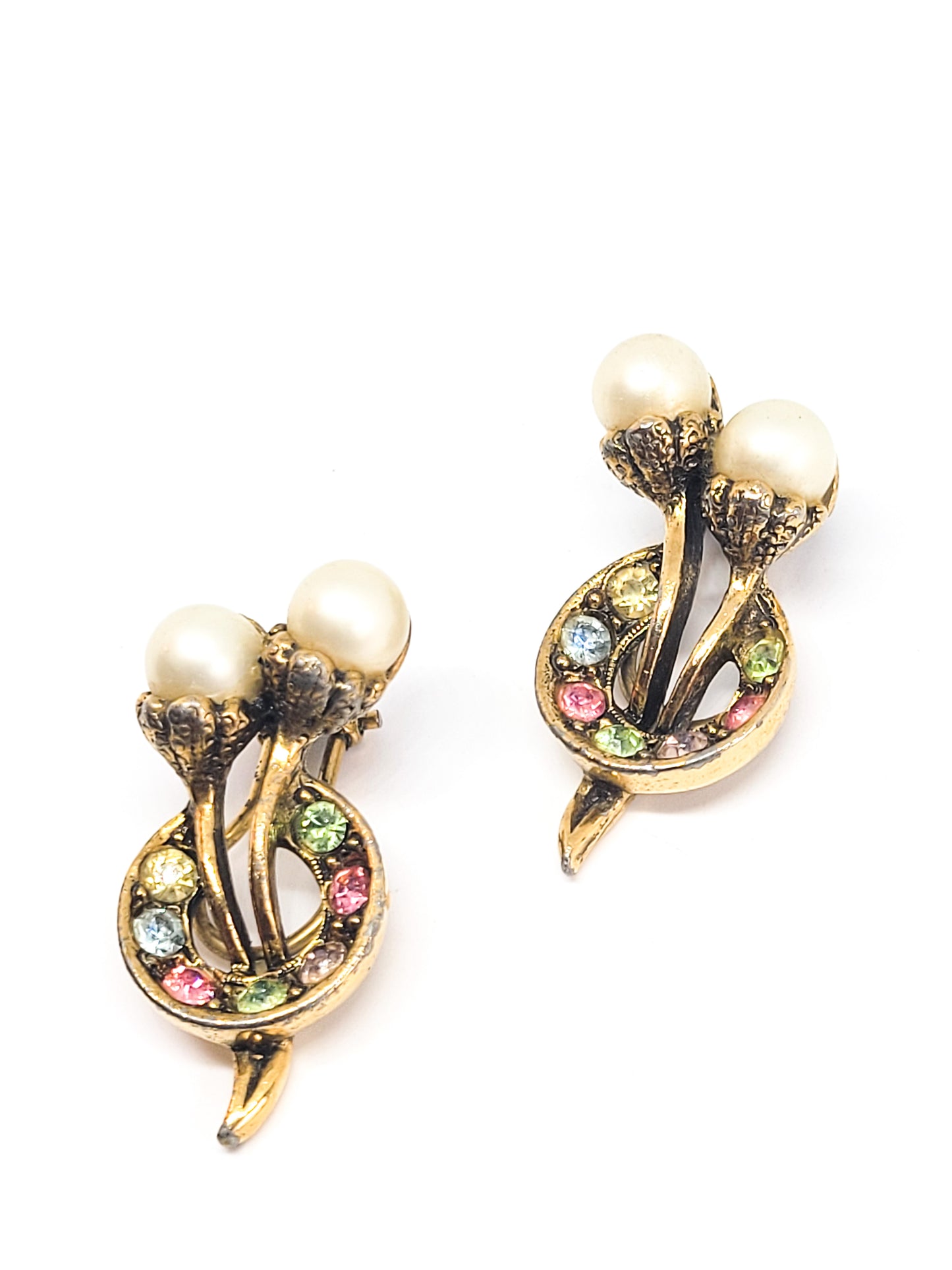 White pearl cherry fruit salad rainbow rhinestone vintage clip on earrings mid century