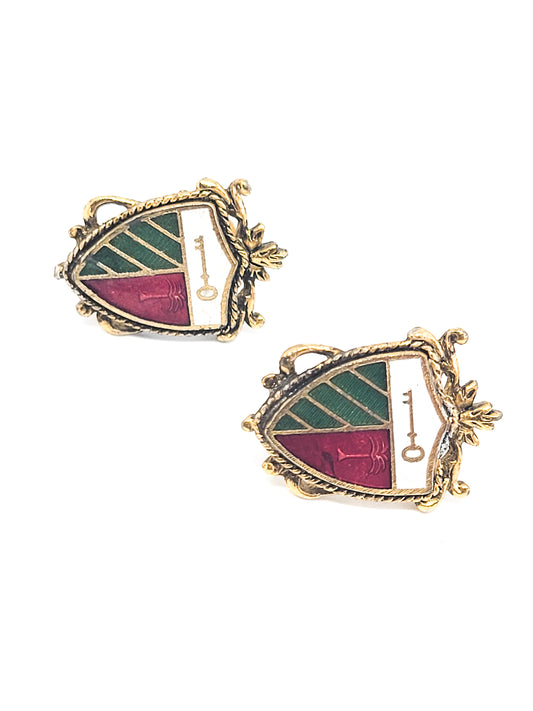 Heraldic shield enamel green red and white enamel key vintage screw back earrings