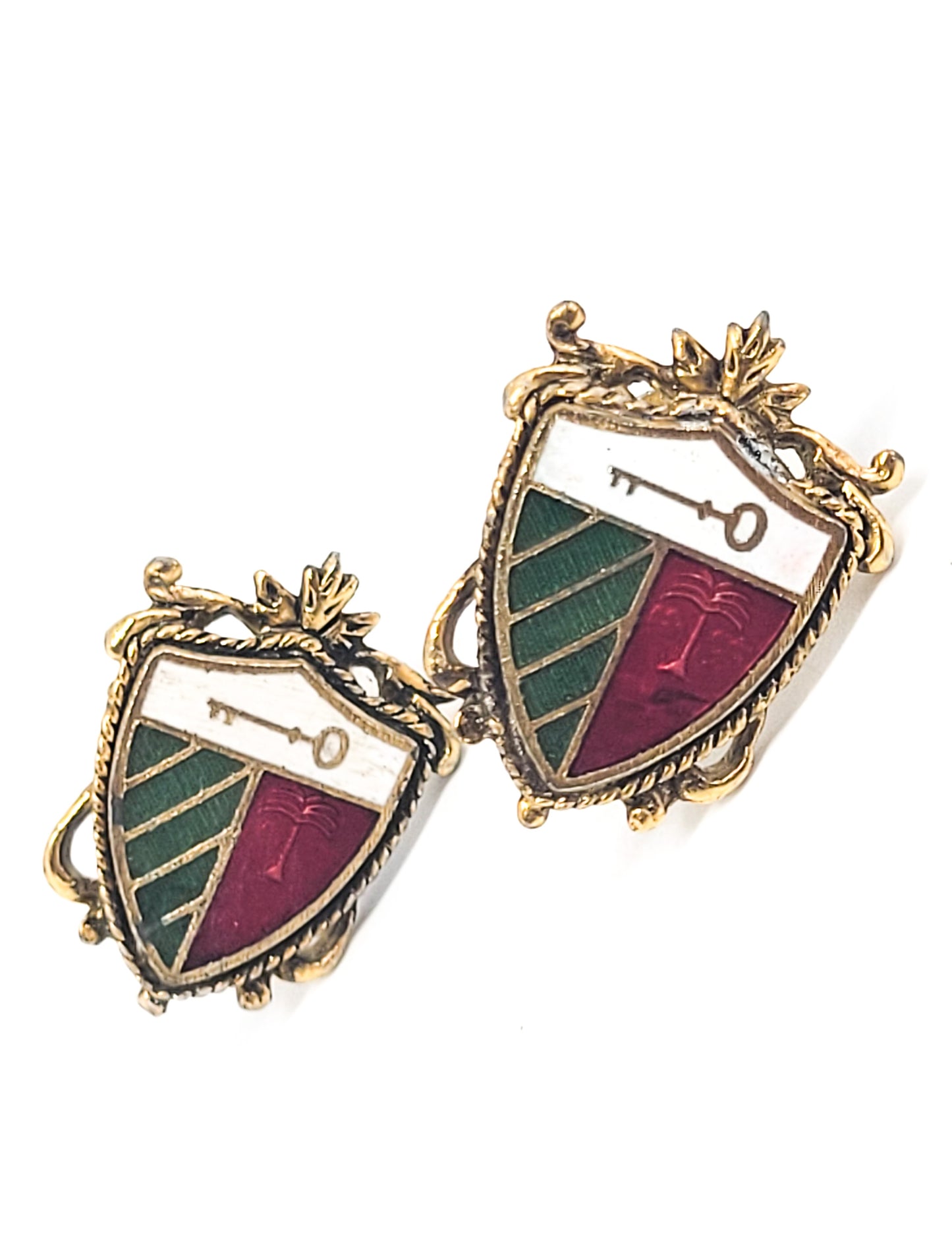 Heraldic shield enamel green red and white enamel key vintage screw back earrings